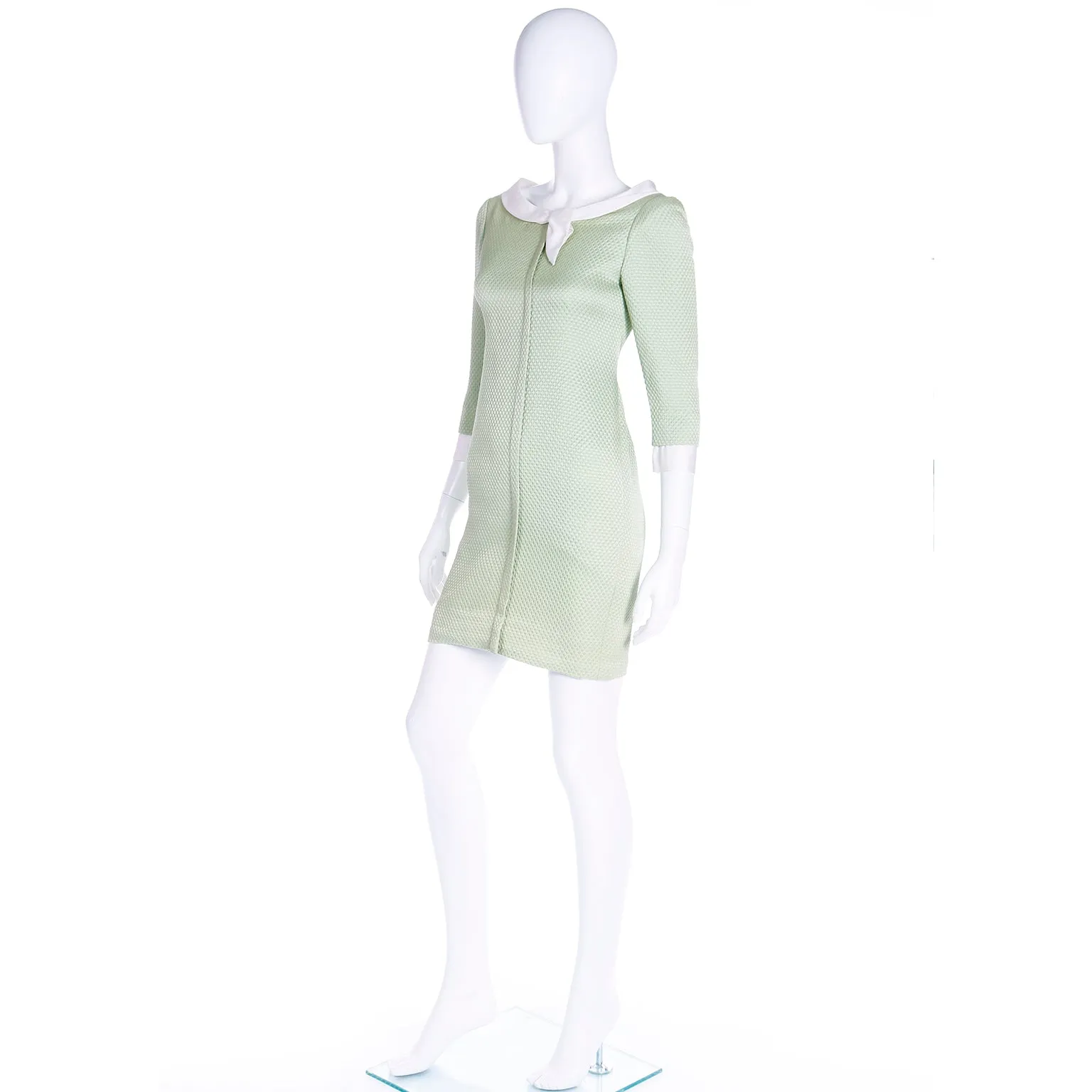 1990s Oscar de la Renta Textured Green Dress With White Trim