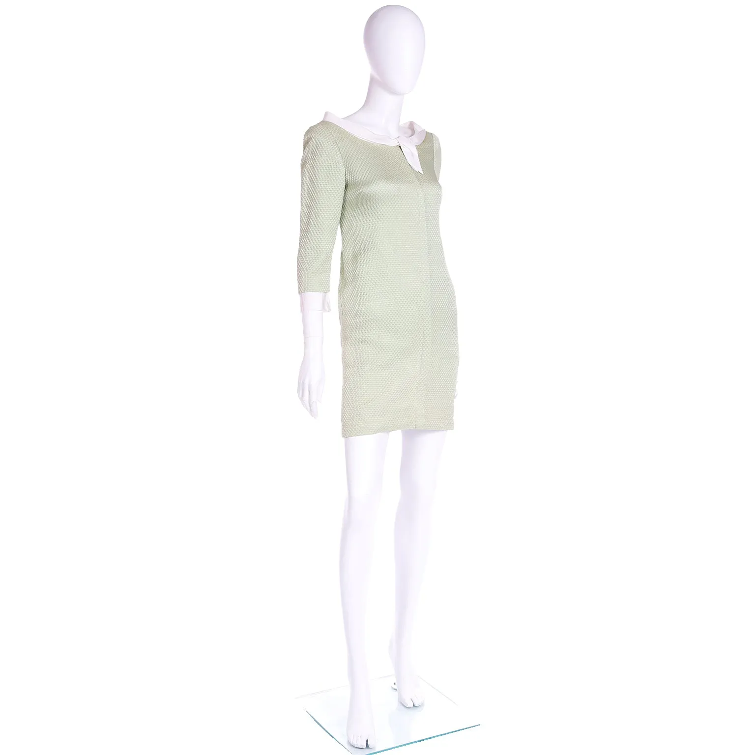 1990s Oscar de la Renta Textured Green Dress With White Trim