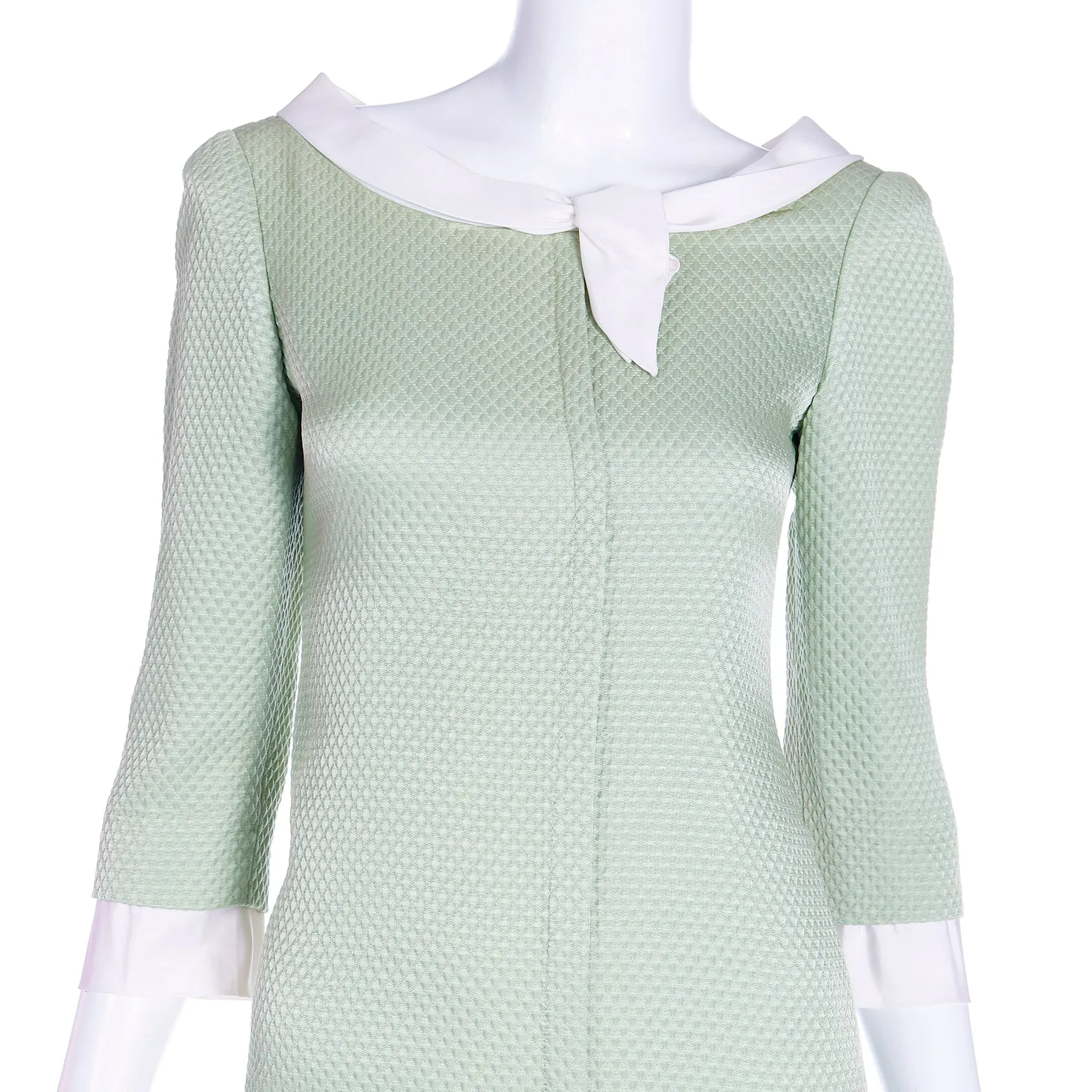 1990s Oscar de la Renta Textured Green Dress With White Trim