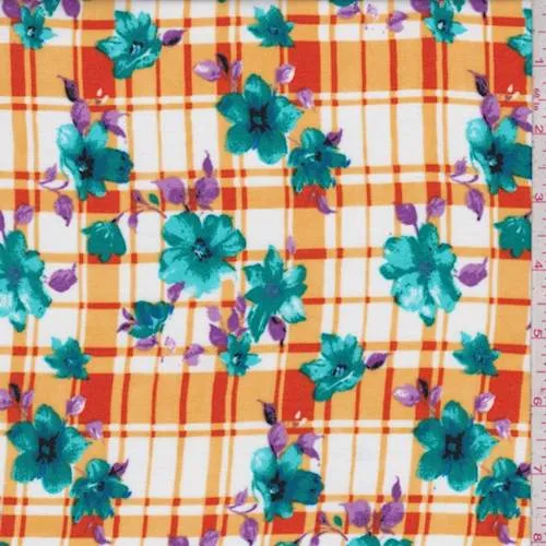 2 1/4 YD PC-Orange/White Floral Plaid Rayon Challis Fabric