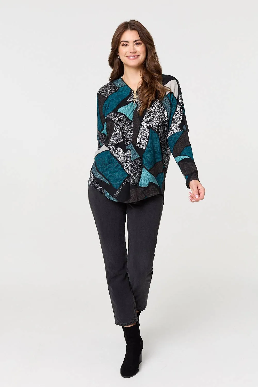 Abstract Print Zip-Front Long Sleeve Top