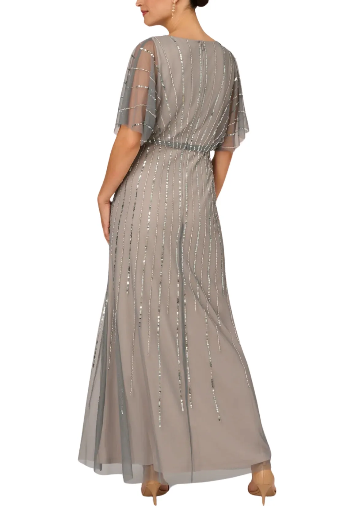 Adrianna Papell flutter sleeve surplice blouson beaded gown