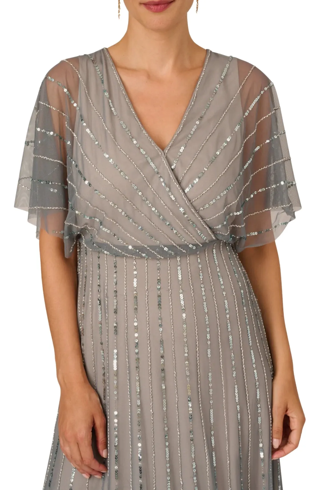 Adrianna Papell flutter sleeve surplice blouson beaded gown