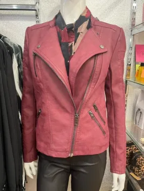 Ava Faux Leather Biker Jacket - Burgundy