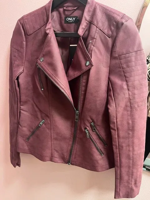 Ava Faux Leather Biker Jacket - Burgundy