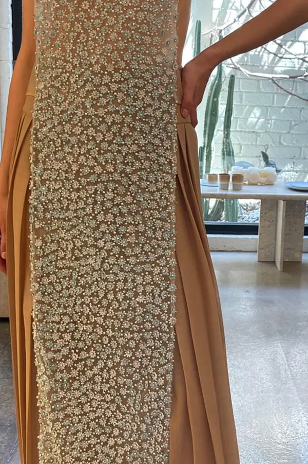 Beaded Apron Dress in Nude