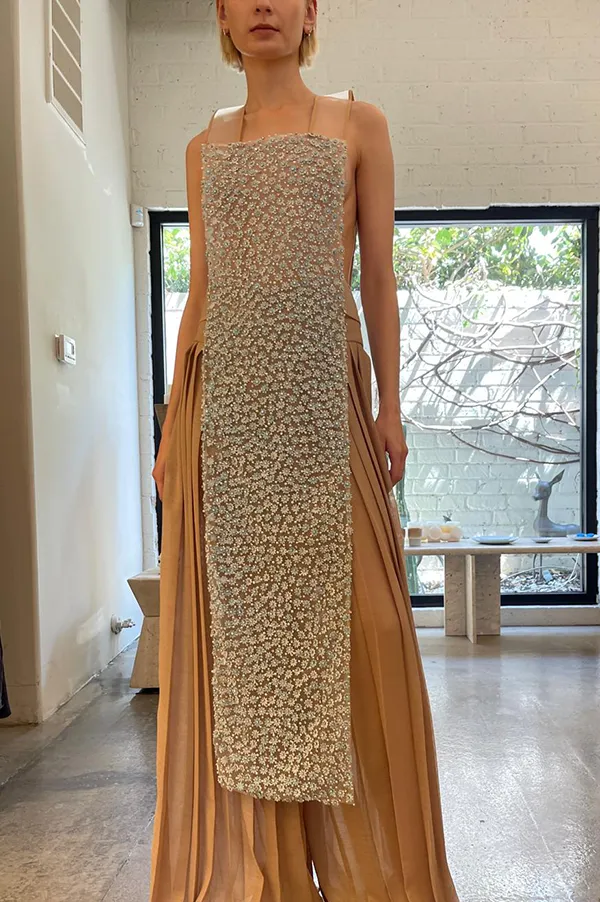 Beaded Apron Dress in Nude