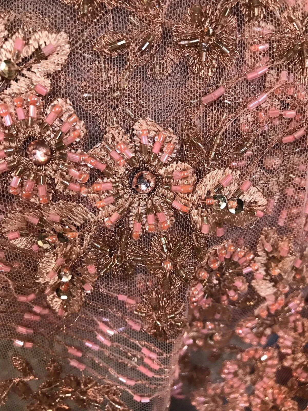 Beaded Peach & Coral Rhinestone Scalloped Edges Lace Mesh Floral Fabric