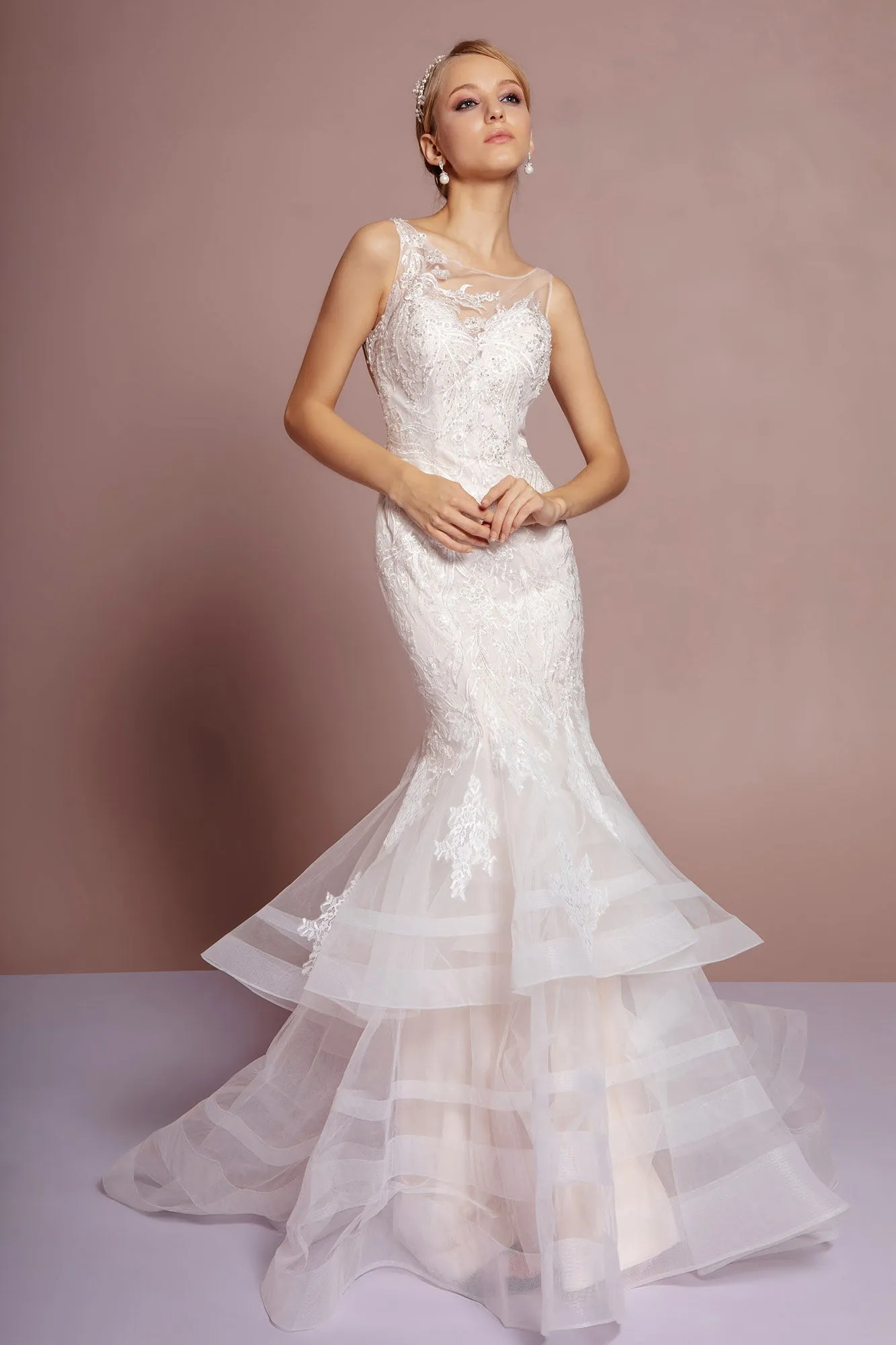 Beads Embellished Mermaid Layered Hem Wedding Gown GLGL2689