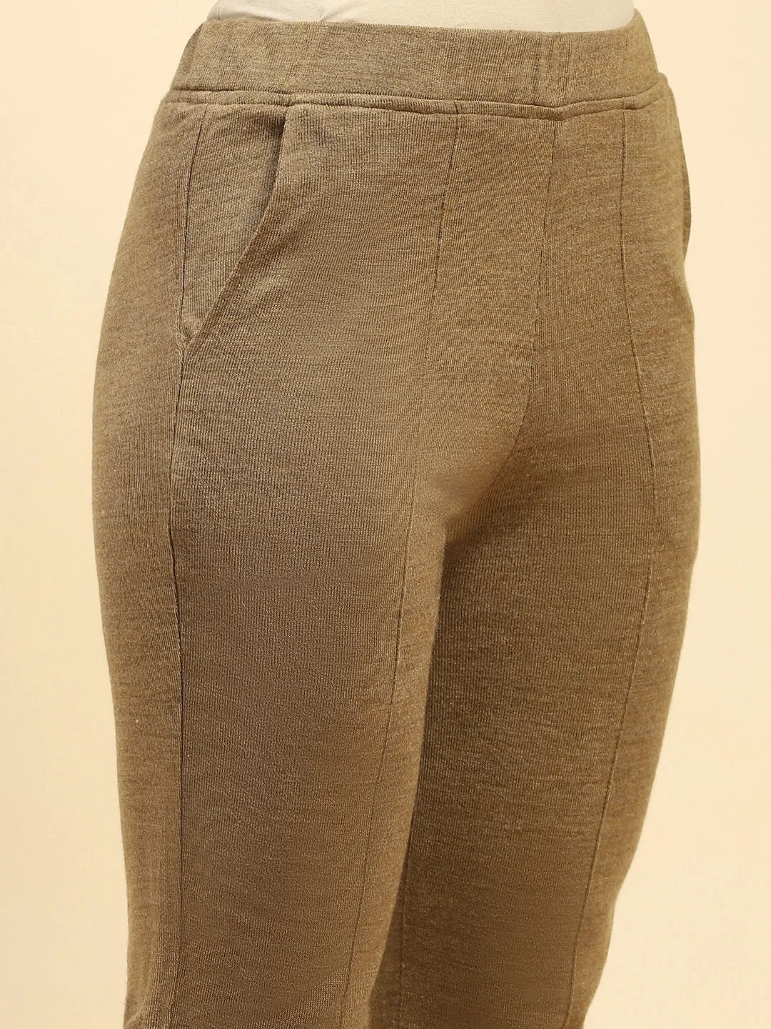 Beige Woolen Solid Pant For Winter