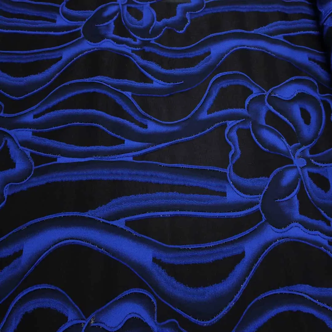 Black and Blue Floral Waves Textured Brocade Fabric