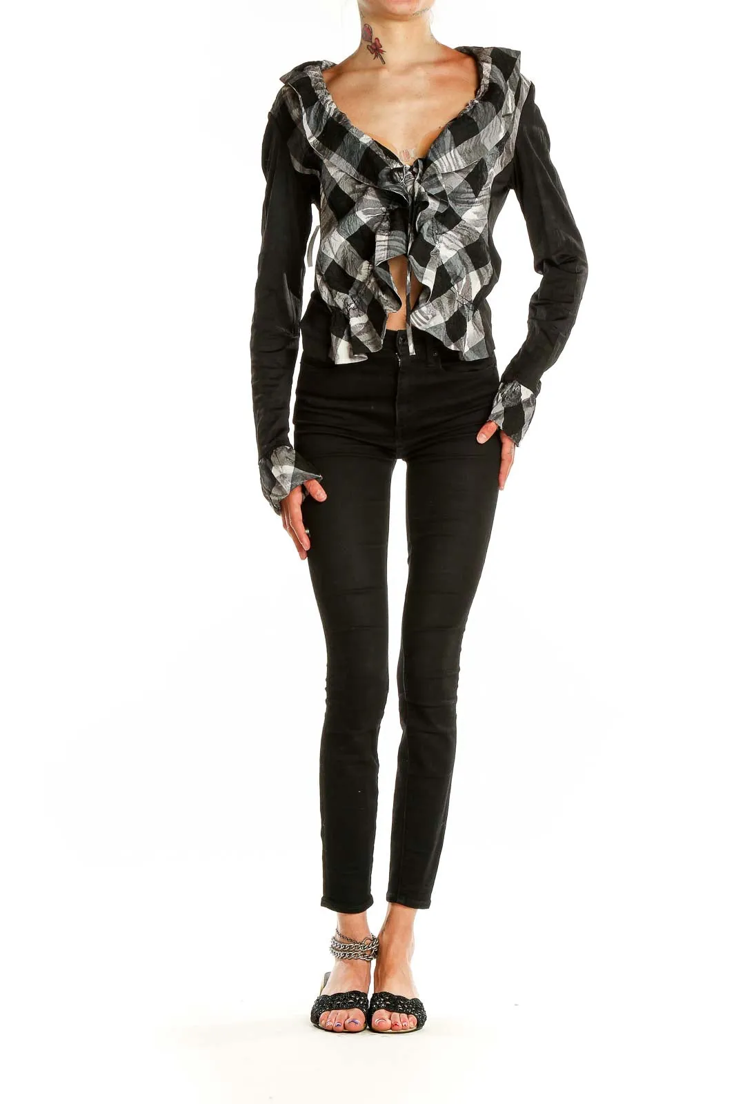 Black and Gray Plaid Ruffled Crop Top