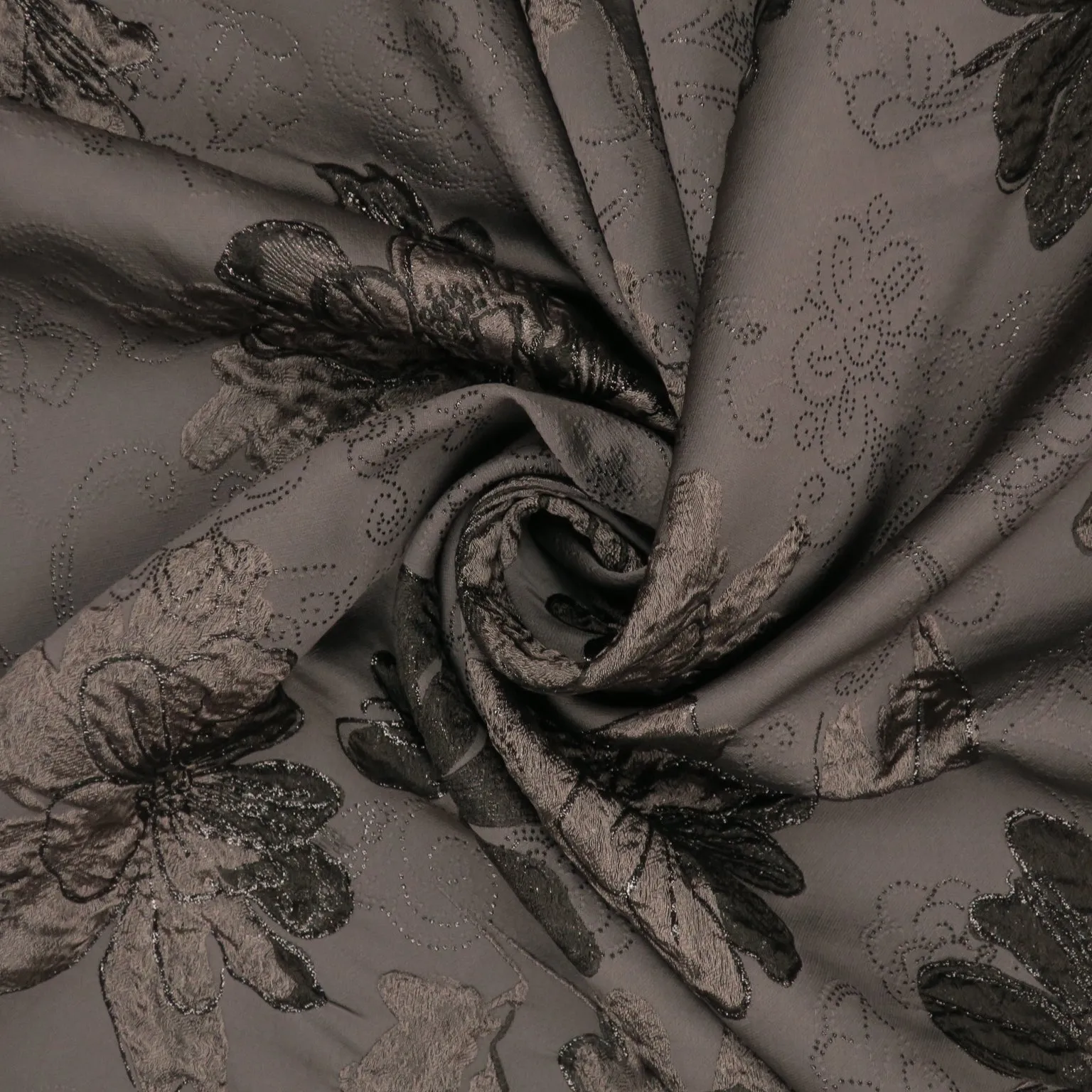 Black and Grey Floral on Silver Abstract Textured Brocade Fabric