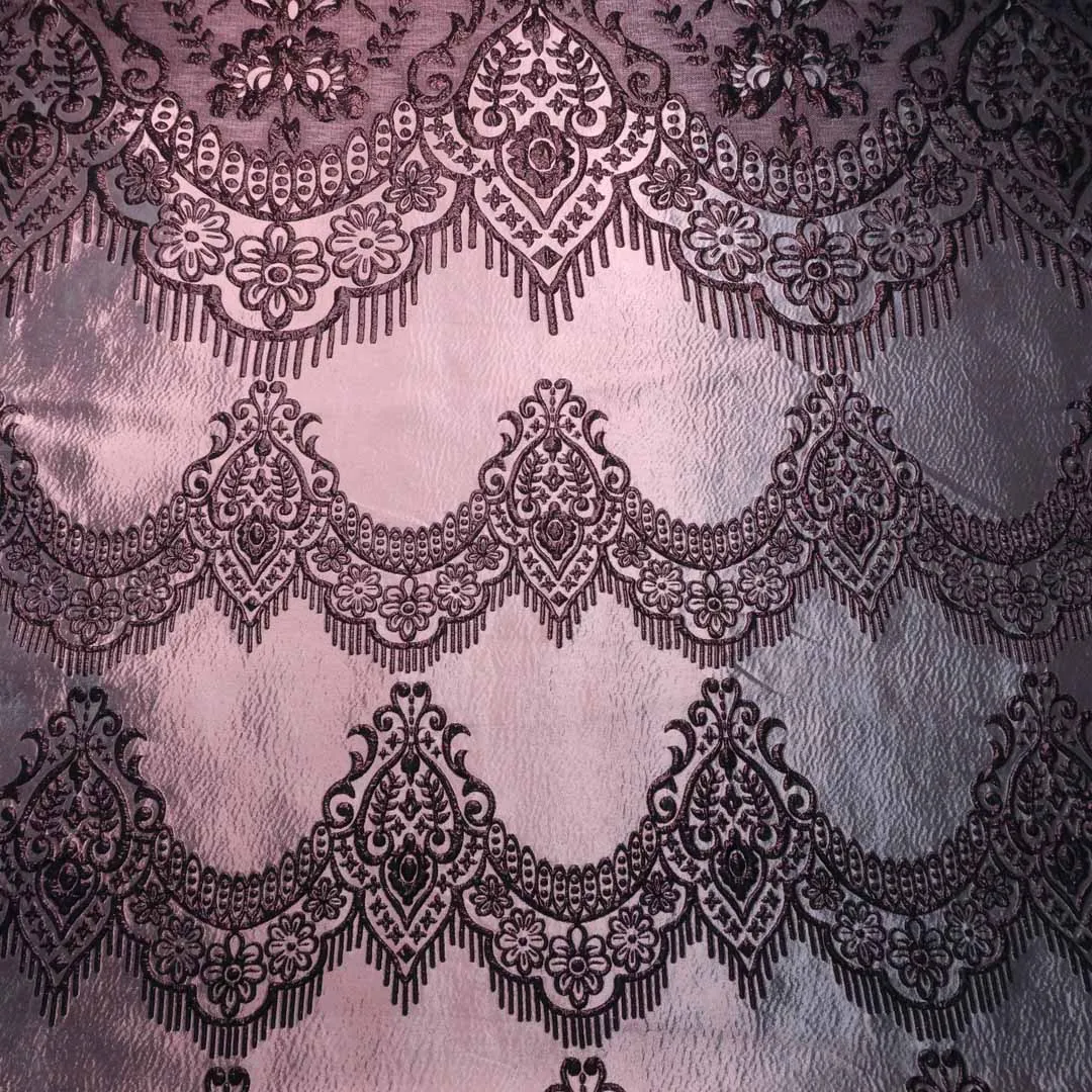 Black And Light Pink Damask Textured  Brocade Fabric