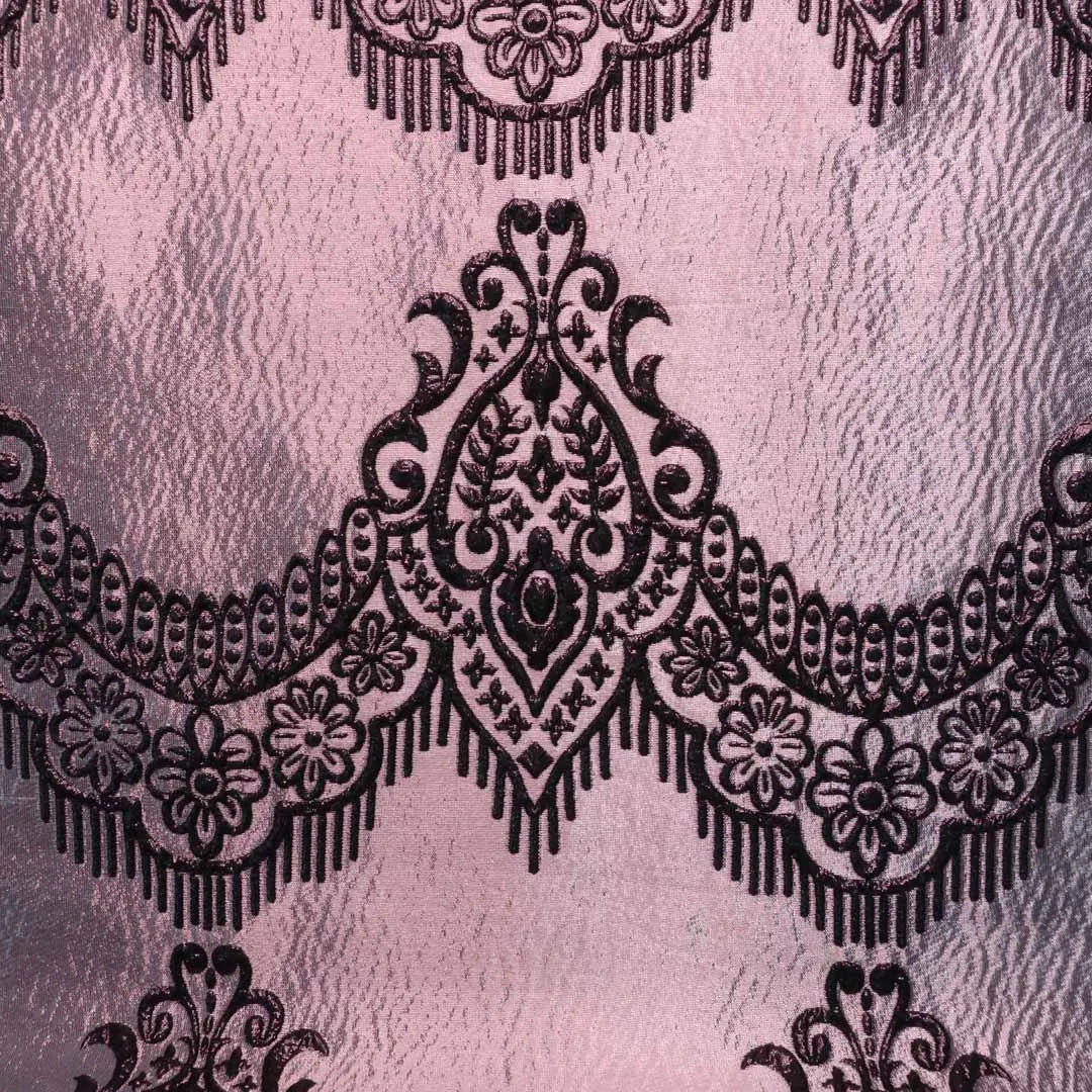 Black And Light Pink Damask Textured  Brocade Fabric