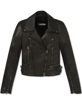 Black Plunge Leather Biker Jacket