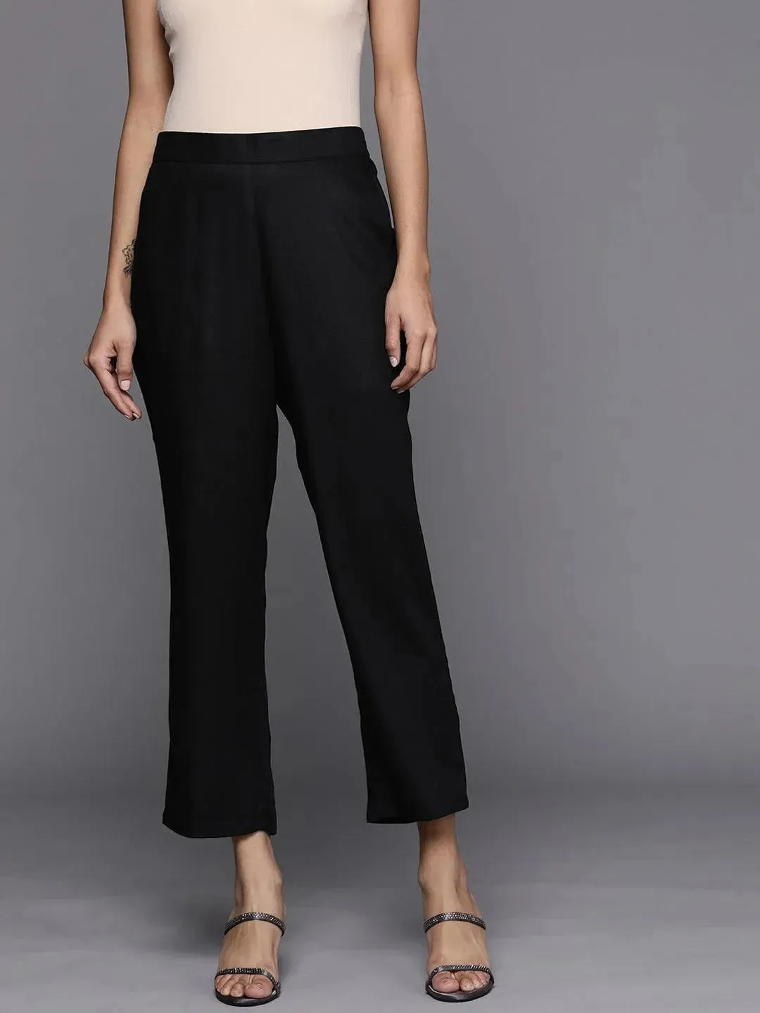 Black Solid Pashmina Wool Trousers