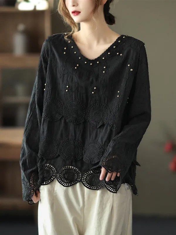 Black&Coffee Lacy Hollow V-Neck Long Sleeve Shirts