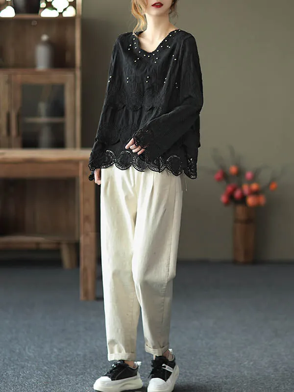 Black&Coffee Lacy Hollow V-Neck Long Sleeve Shirts