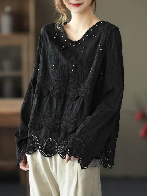 Black&Coffee Lacy Hollow V-Neck Long Sleeve Shirts