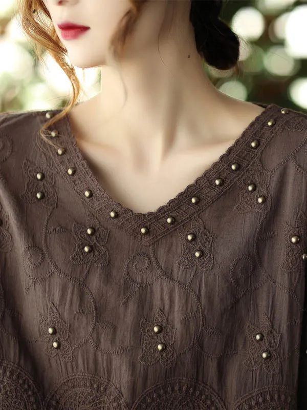 Black&Coffee Lacy Hollow V-Neck Long Sleeve Shirts