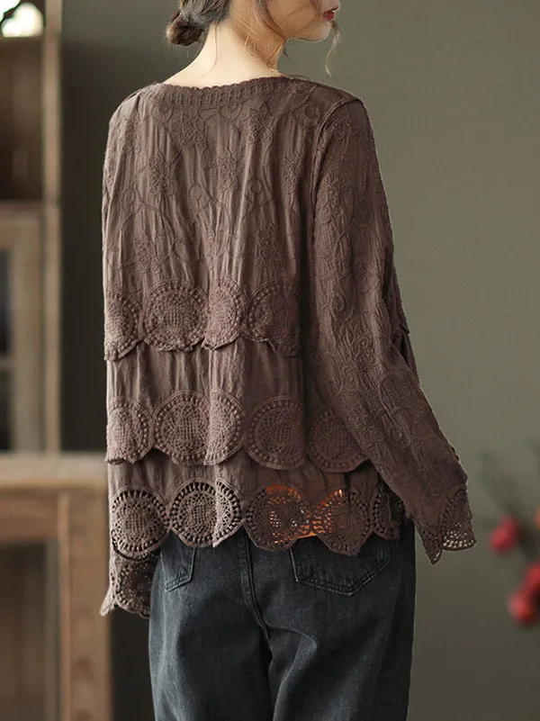 Black&Coffee Lacy Hollow V-Neck Long Sleeve Shirts