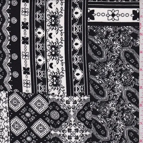 Black/White Deco Patchwork Crepe de Chine Fabric