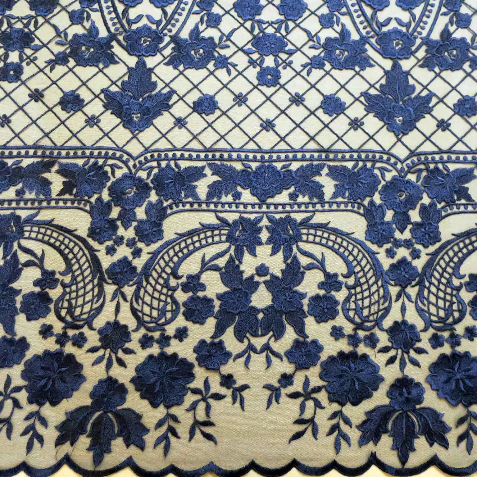 Blue Geometric Embroidered Tulle Fabric