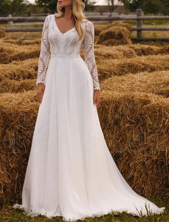 Boho Chiffon/Lace A Line Wedding Gown