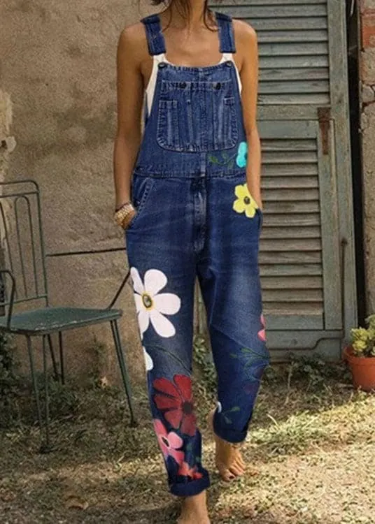 Boho Sunflower Print Denim Jumpsuit