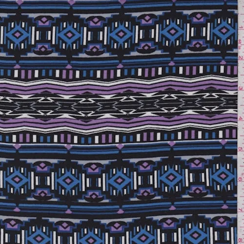 Bright Blue/Lilac/Black Southwest Stripe Rayon Challis Fabric