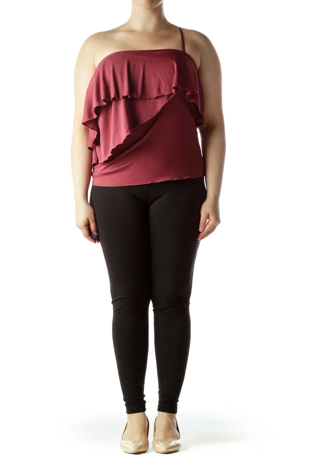 Burgundy Ruffled One-Shoulder Ribbed Top