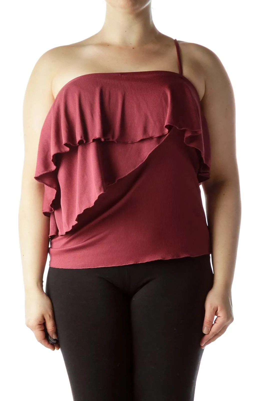 Burgundy Ruffled One-Shoulder Ribbed Top