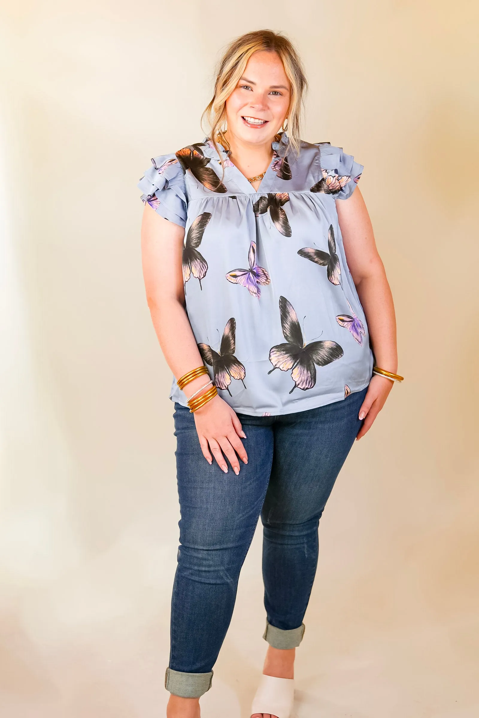 Butterfly Fly Away Top with Butterfly Print in Muted Blue