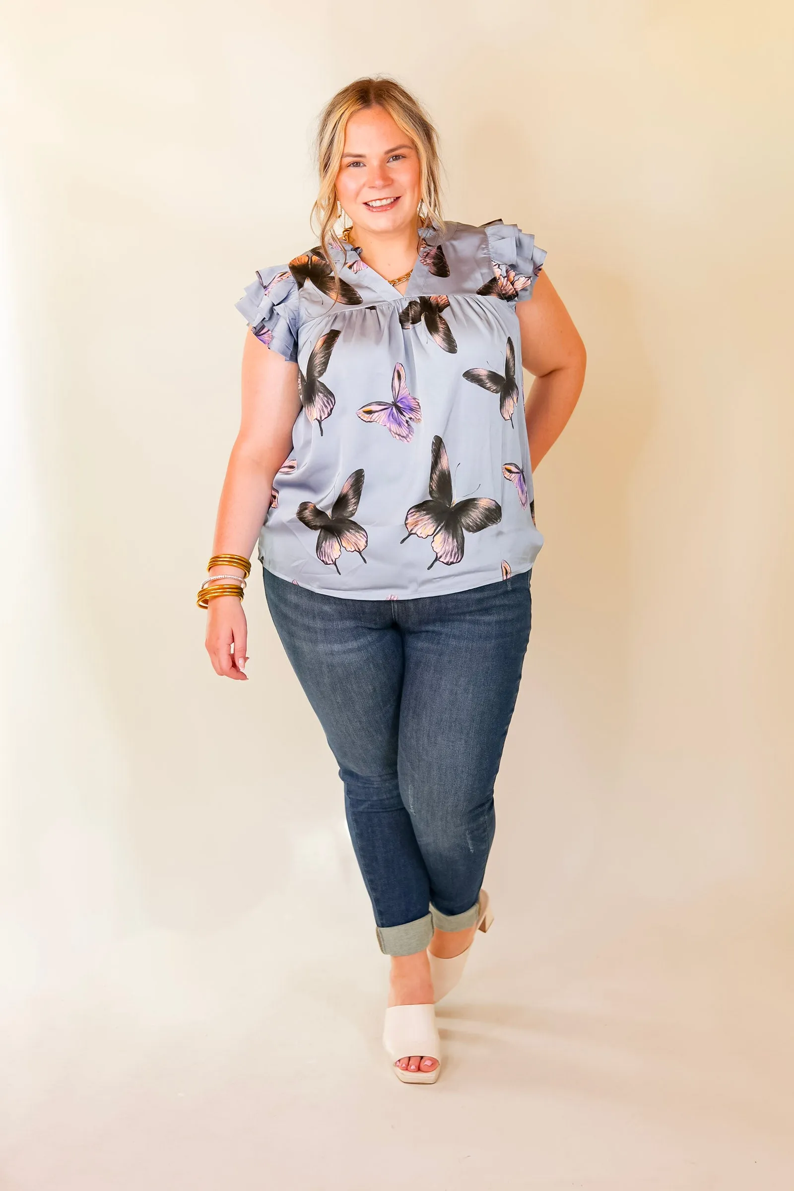 Butterfly Fly Away Top with Butterfly Print in Muted Blue