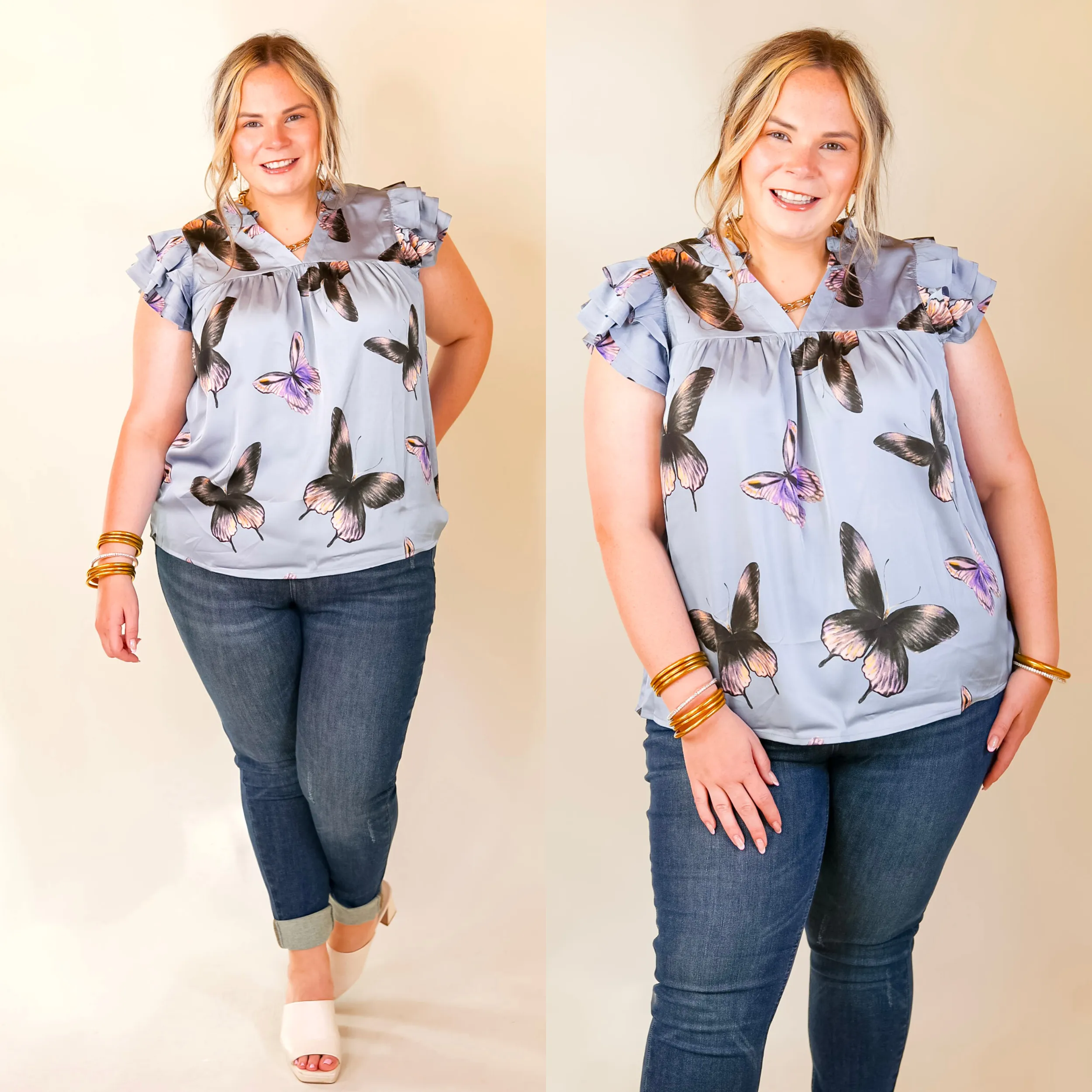 Butterfly Fly Away Top with Butterfly Print in Muted Blue