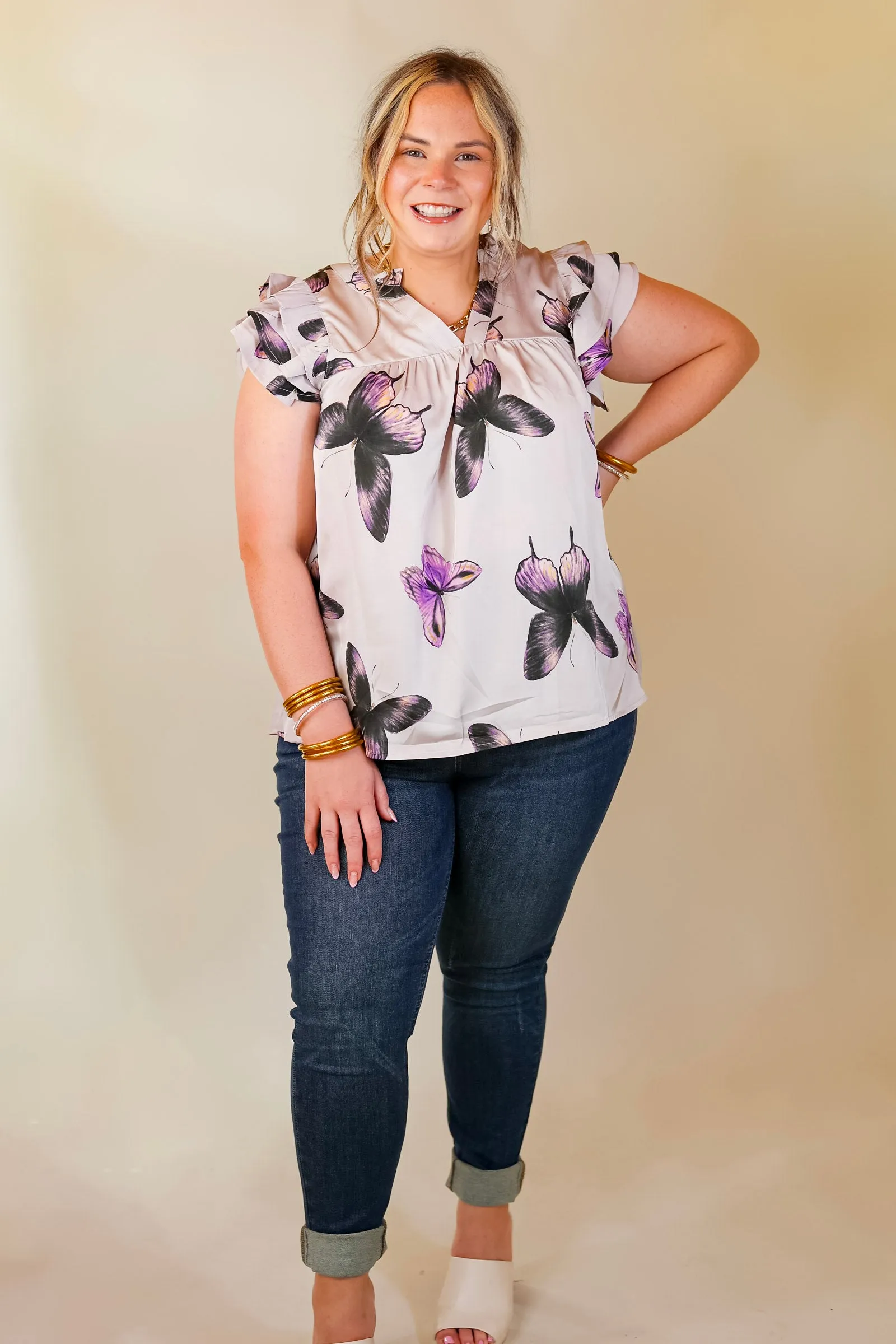 Butterfly Fly Away Top with Butterfly Print in Muted Purple