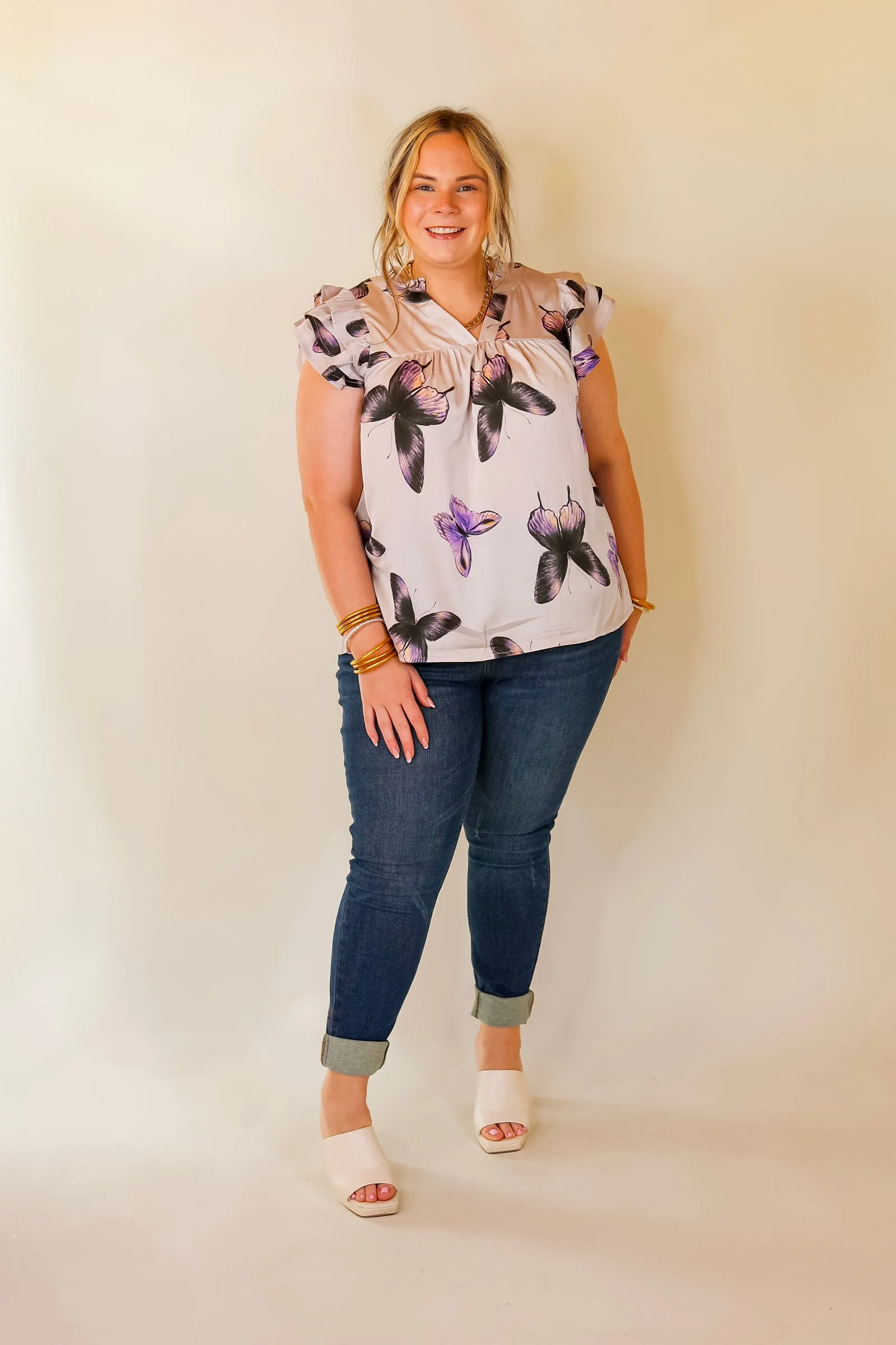 Butterfly Fly Away Top with Butterfly Print in Muted Purple