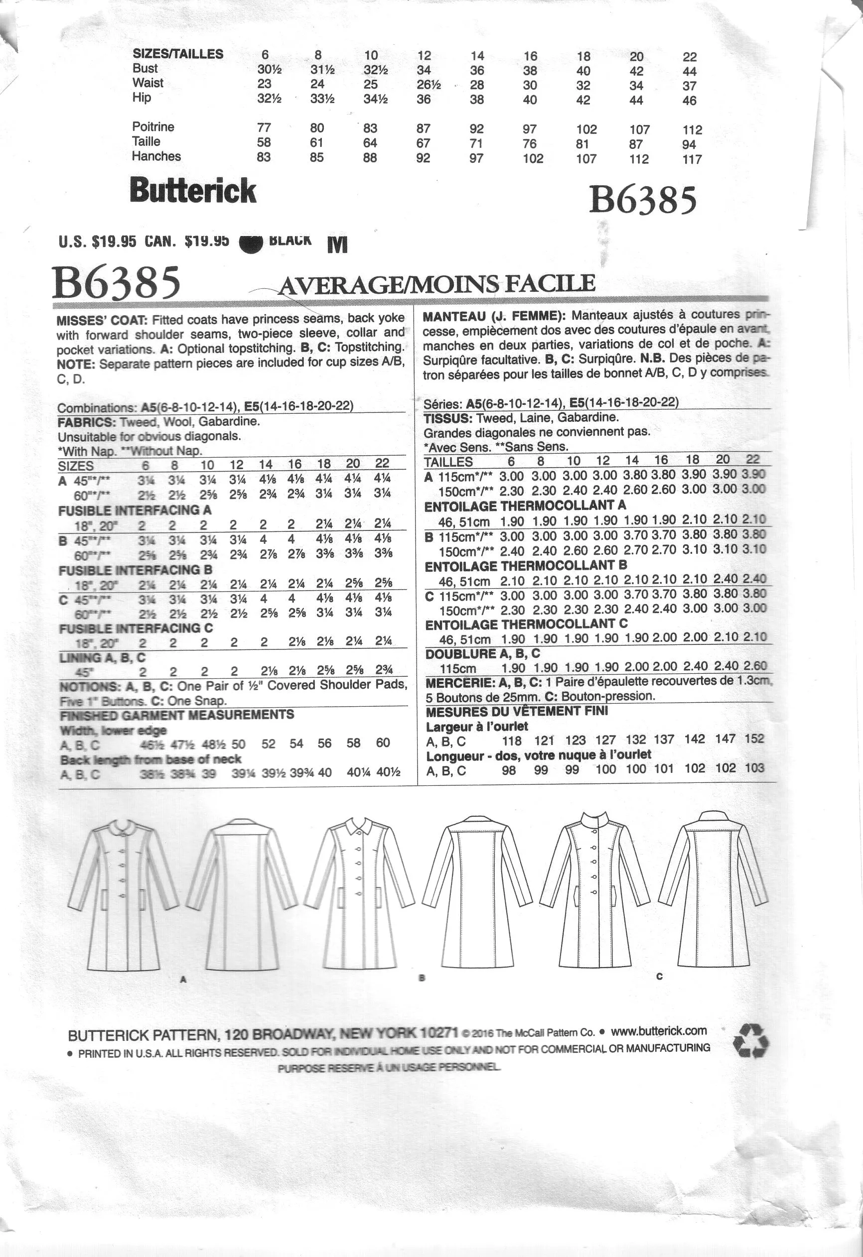 Butterick 6385 Misses Coat Pattern