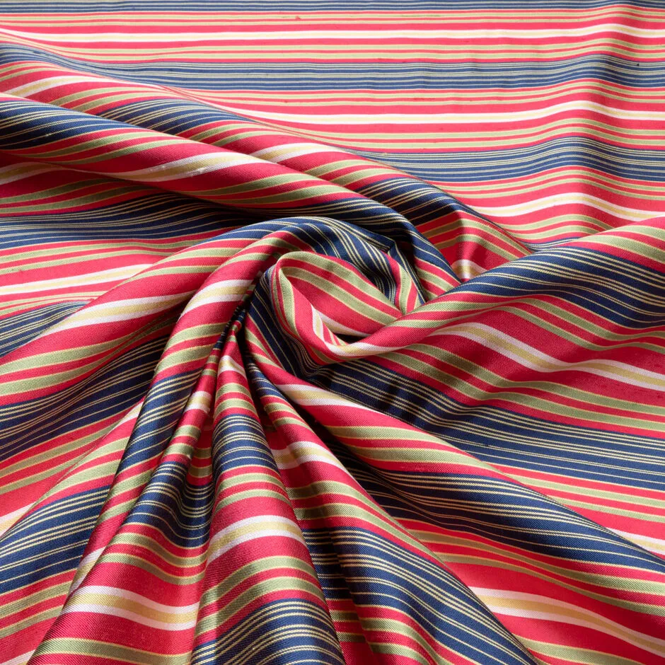 Cherry Red, Blue & Green Striped Silk Shantung