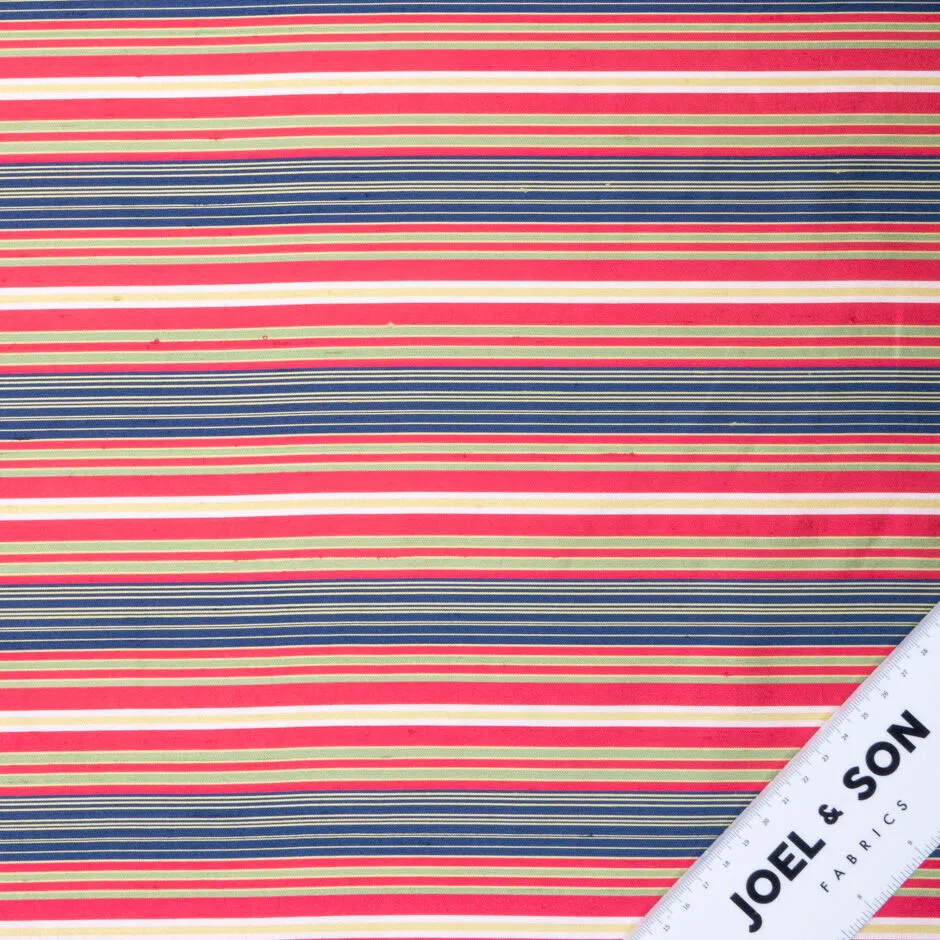 Cherry Red, Blue & Green Striped Silk Shantung