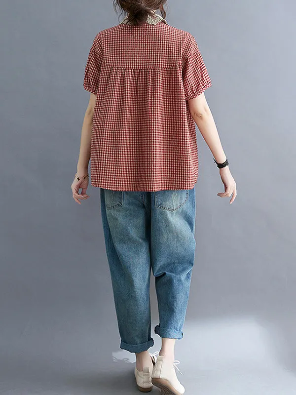 Chicmy-Cotton Blend Plaid Polo Puff Sleeve T-Shirts Tops