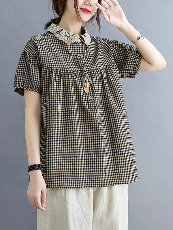 Chicmy-Cotton Blend Plaid Polo Puff Sleeve T-Shirts Tops