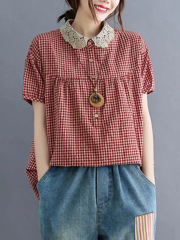 Chicmy-Cotton Blend Plaid Polo Puff Sleeve T-Shirts Tops