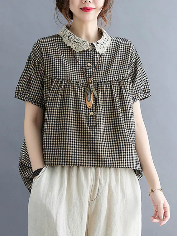 Chicmy-Cotton Blend Plaid Polo Puff Sleeve T-Shirts Tops