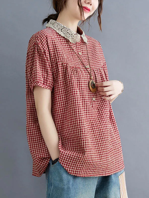 Chicmy-Cotton Blend Plaid Polo Puff Sleeve T-Shirts Tops