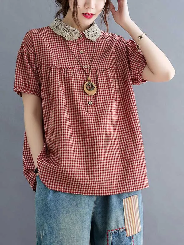 Chicmy-Cotton Blend Plaid Polo Puff Sleeve T-Shirts Tops