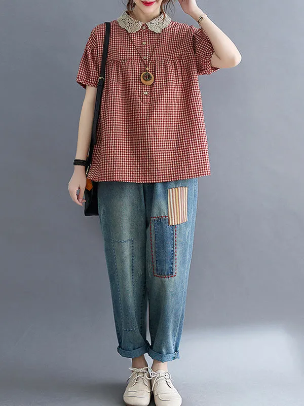 Chicmy-Cotton Blend Plaid Polo Puff Sleeve T-Shirts Tops