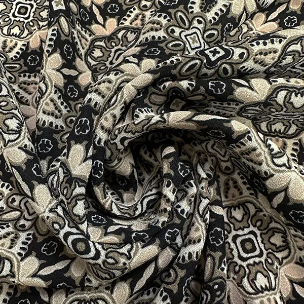 Cream and Black Multi Print Poly Georgette Fabric