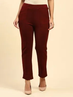 Dark Maroon Woolen Solid Pant For Winter